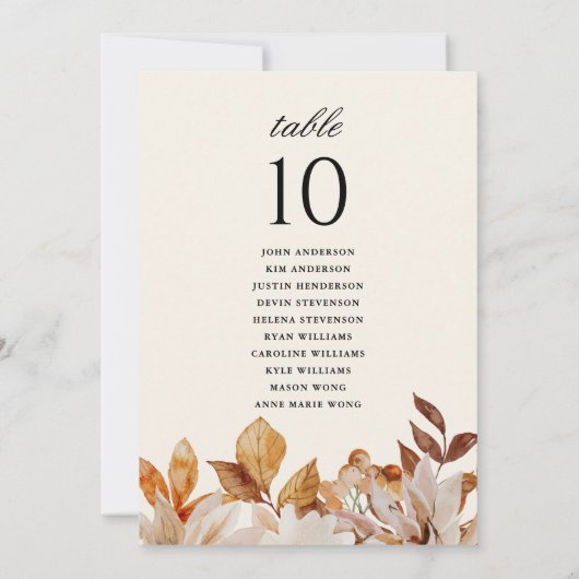 Carte Élégant automne Floral Mariage Numéros de tableau (Dos)