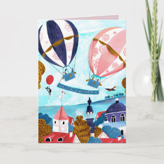 Carte Elégant ballon à air chaud bleu et rouge Joyeux an