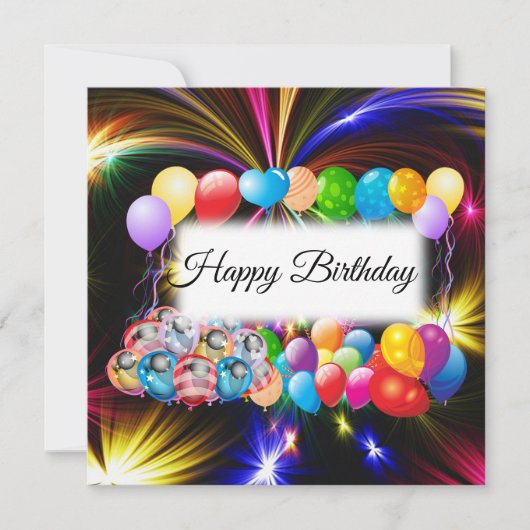 Carte Élégant, Ballons colorés, Feu d'artifice, Annivers (Devant)