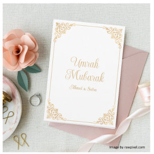 Carte Elégant Baroque Blanc Vœu de Umrah Mubarak