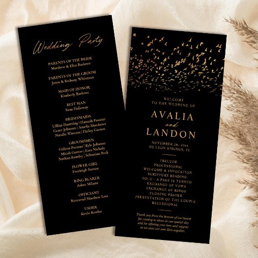 Carte Elégant Birds Black and Gold Wedding Program