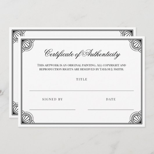 Carte Élégant Black Frame Certificat d'authenticité (Devant / Derrière)