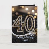 Carte Elegant Black Gold Diamonds Pearls 40th Birthday (Devant)
