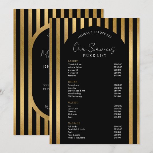 Carte Elegant Black & Gold Lashes Hair Spa Price List (Devant / Derrière)