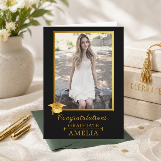 Carte Elegant Black Gold Photo Graduation Congratulation