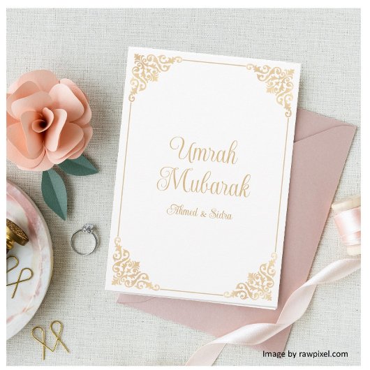 Carte Elégant blanc baroque Umrah Moubarak Salutation