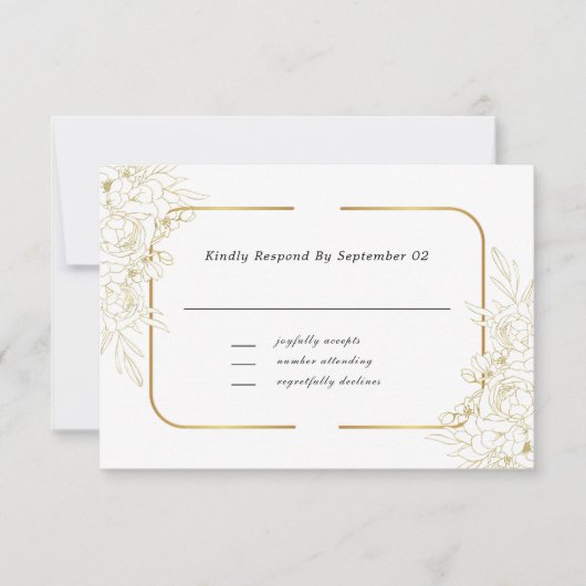 Carte Elégant blanc or floral Script cadre bordure RSVP (Devant)