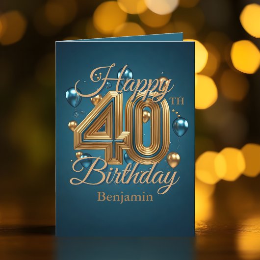 Carte Elégant Bleu et Or 40e anniversaire Célébration