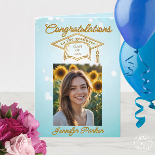Carte Elégant Bleu Graduation avec Photo & Or Accents