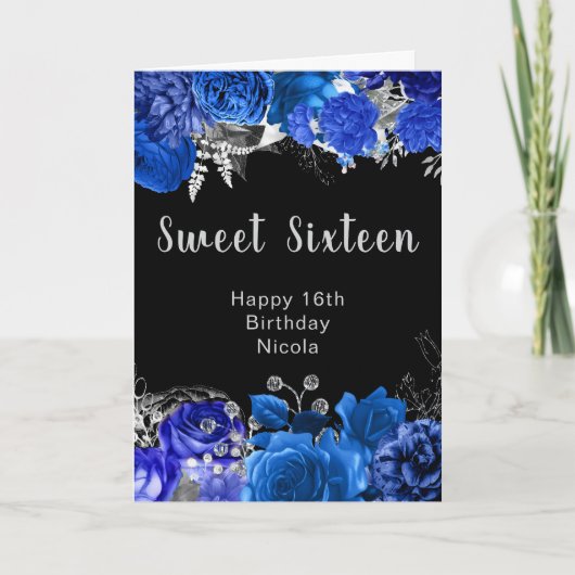 Carte Elegant Blue and Silver Flowers Sweet Sixteen (Devant)