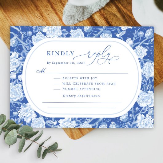 Carte Elégant Blue Chinoiserie Bird Peony Wedding RSVP