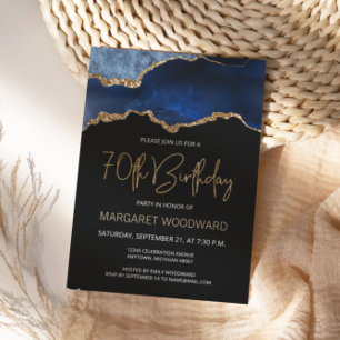 Carte Elegant Blue Gold Agate 70th Birthday Invite