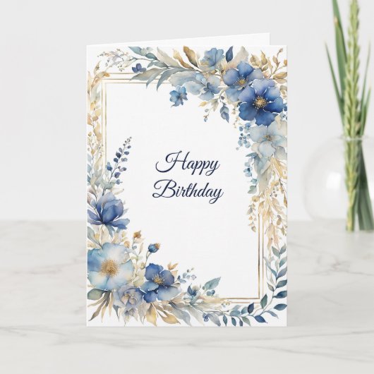Carte Elégant Blue Gold Floral Anniversaire (Devant)