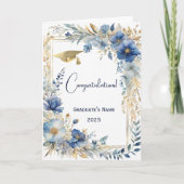 Carte Elégant Blue Gold Floral Graduation personnalisée (Devant)