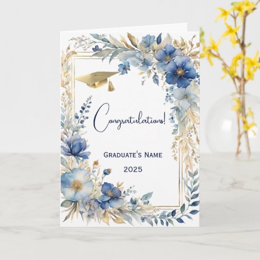 Carte Elégant Blue Gold Floral Graduation personnalisée (Fleur jaune)
