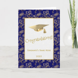 Carte Élégant Blue Gold Lion Floral Graduation