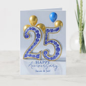 Carte Elegant Blue Gold Ornate 25th Wedding Anniversary (Devant)
