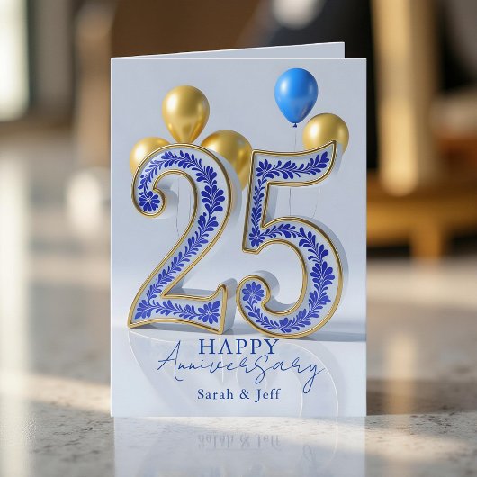 Carte Elegant Blue Gold Ornate 25th Wedding Anniversary