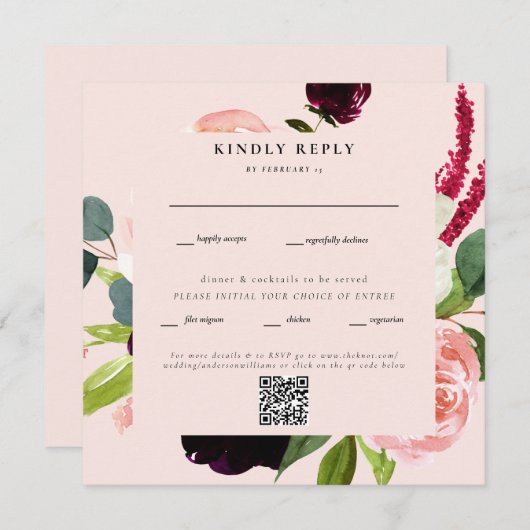 Carte Elégant Blush Floral Carré Mariage QR Code RSVP (Devant / Derrière)