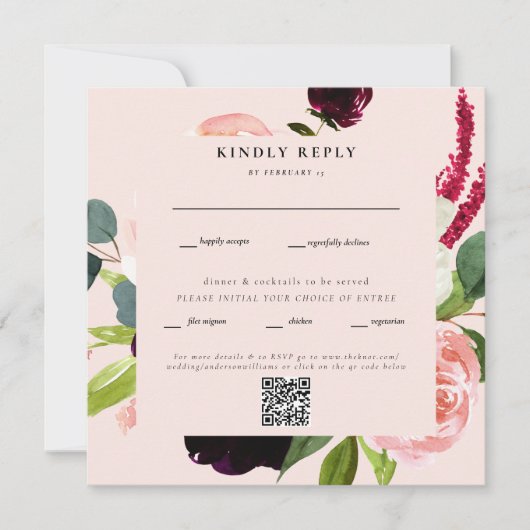 Carte Elégant Blush Floral Carré Mariage QR Code RSVP (Devant)