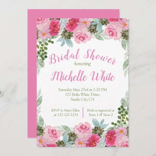 Carte Elégant Boarder d'aquarelle rose (Devant / Derrière)