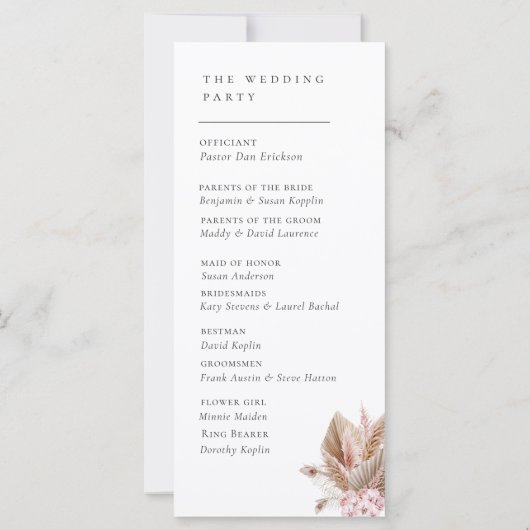 Carte Elegant Boho Pampas Grass Wedding Program (Dos)