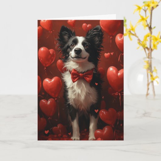 Carte Élégant Border Collie Saint-Valentin Cœurs (Fleur jaune)