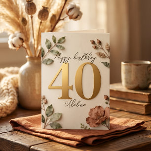 Carte Élégant Botanique Rose Faux Or 40e Anniversaire