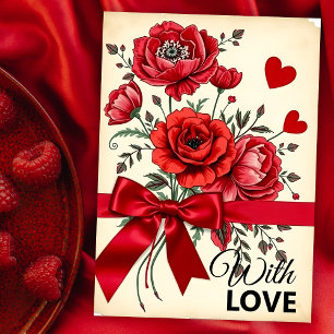 Carte Elégant Bouquet de Fleur Rouge avec Coeurs et Ruba