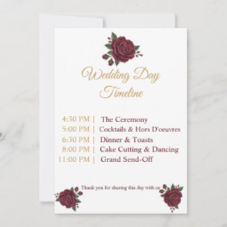Carte Elegant Burgundy Rose & Gold Wedding Day Timeline 
