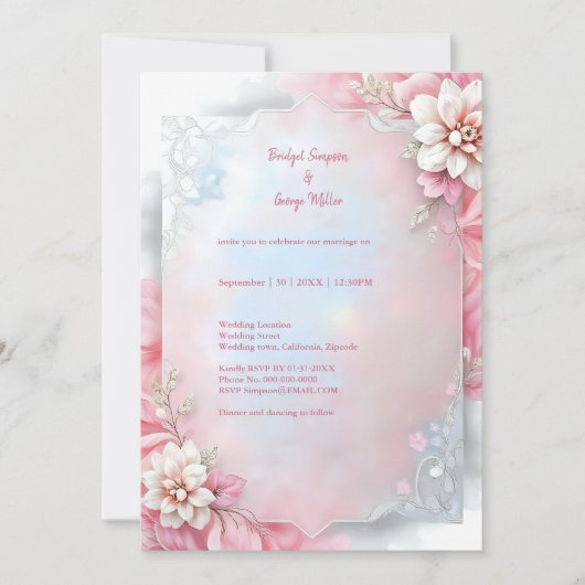 Carte Elégant cadre rose floral douce Pastel mariage lum (Devant)