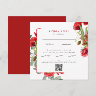 Carte Elégant Carré rouge Floral Mariage QR Code RSVP II