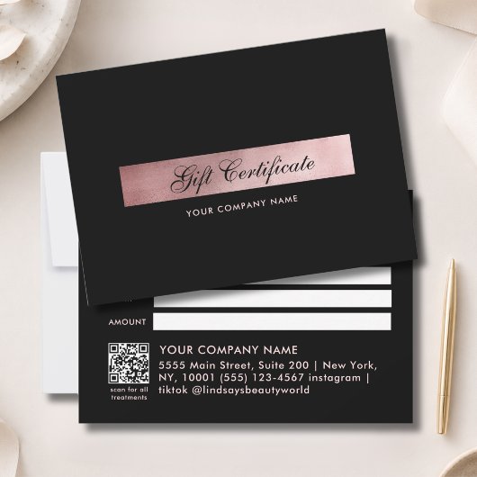 Carte Élégant Certificat Cadeau Code QR Rosé Or Noir