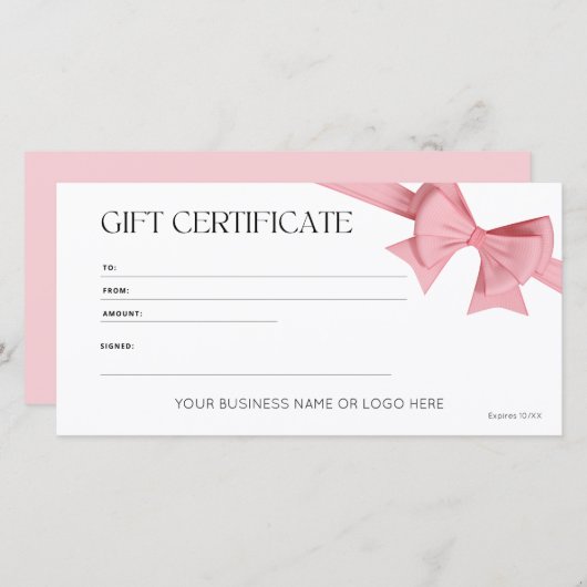 Carte Élégant certificat cadeau de logo Bow rose (Devant / Derrière)