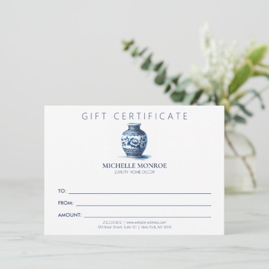 Carte Élégant certificat cadeau de pot de gingembre aqua (Debout devant)