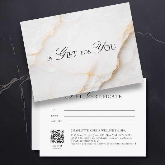 Carte Élégant Certificat Cadeau en Marbre Blanc avec Cod