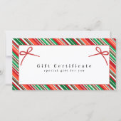 Carte Élégant Certificat Cadeau Ruban Rayé Rouge et Vert (Devant)