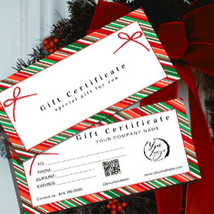 Carte Élégant Certificat Cadeau Ruban Rayé Rouge et Vert