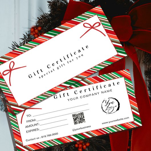 Carte Élégant Certificat Cadeau Ruban Rayé Rouge et Vert