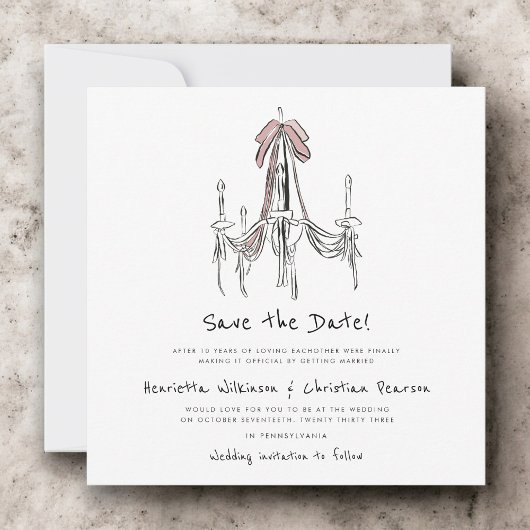 Carte Elegant Chandelier Pink Bow Sketch Save the Date