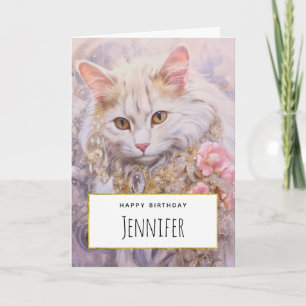Carte Élégant chat blanc en or et diamants Anniversaire