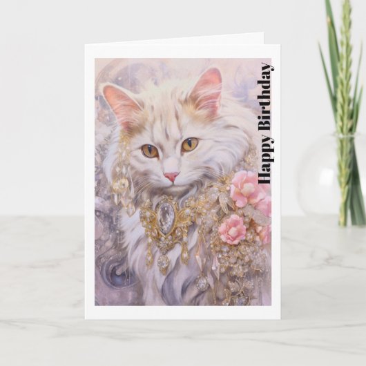 Carte Élégant chat blanc en or et diamants Anniversaire (Devant)