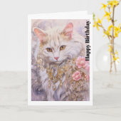 Carte Élégant chat blanc en or et diamants Anniversaire (Fleur jaune)