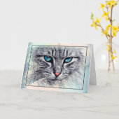 Carte Élégant chat gris et blanc avec yeux bleus (Fleur jaune)