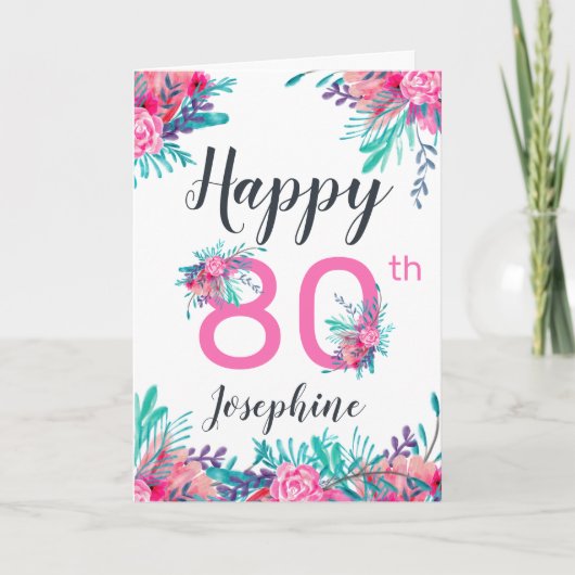 Carte Élégant chic fleuri numéro 80e anniversaire heureu (Devant)