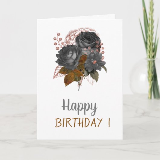 Carte Elégant Chic Fleurs Noires Anniversaire (Devant)