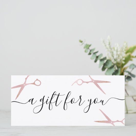 Carte Elégant chic rose ciseaux d'or coiffeuse (Debout devant)