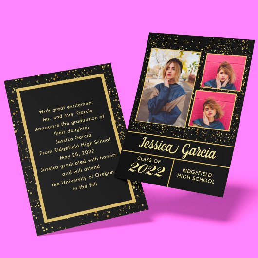 Carte Élégant Classy Graduation Golden sparkles 3 Photos