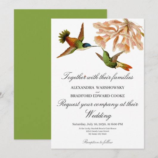 Carte Élégant colibri Lily Sage Mariage vert (Devant / Derrière)