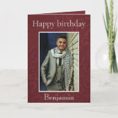 Carte Élégant Damassé Bordeaux Photo Anniversaire (Devant)